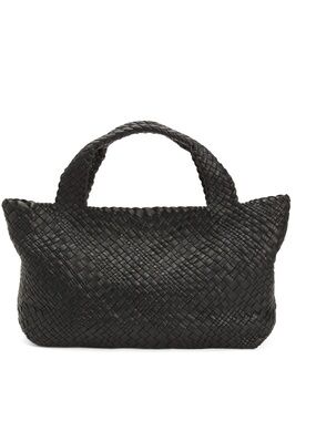 FALOR Made in Italy Black Woven Leather Tote Bag Large Zip Pocket Luxury Handbag